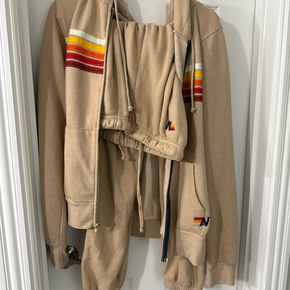 5 Stripe Aviator Nation Hoodie and Sweatpants Size Medium (SET) - Sand Color-EUC